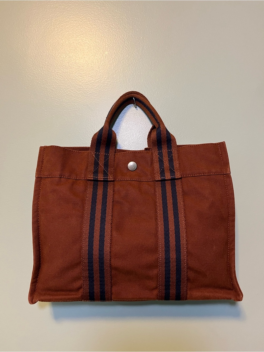 Hermes Brown Canvas Tote with Black Striped Handles